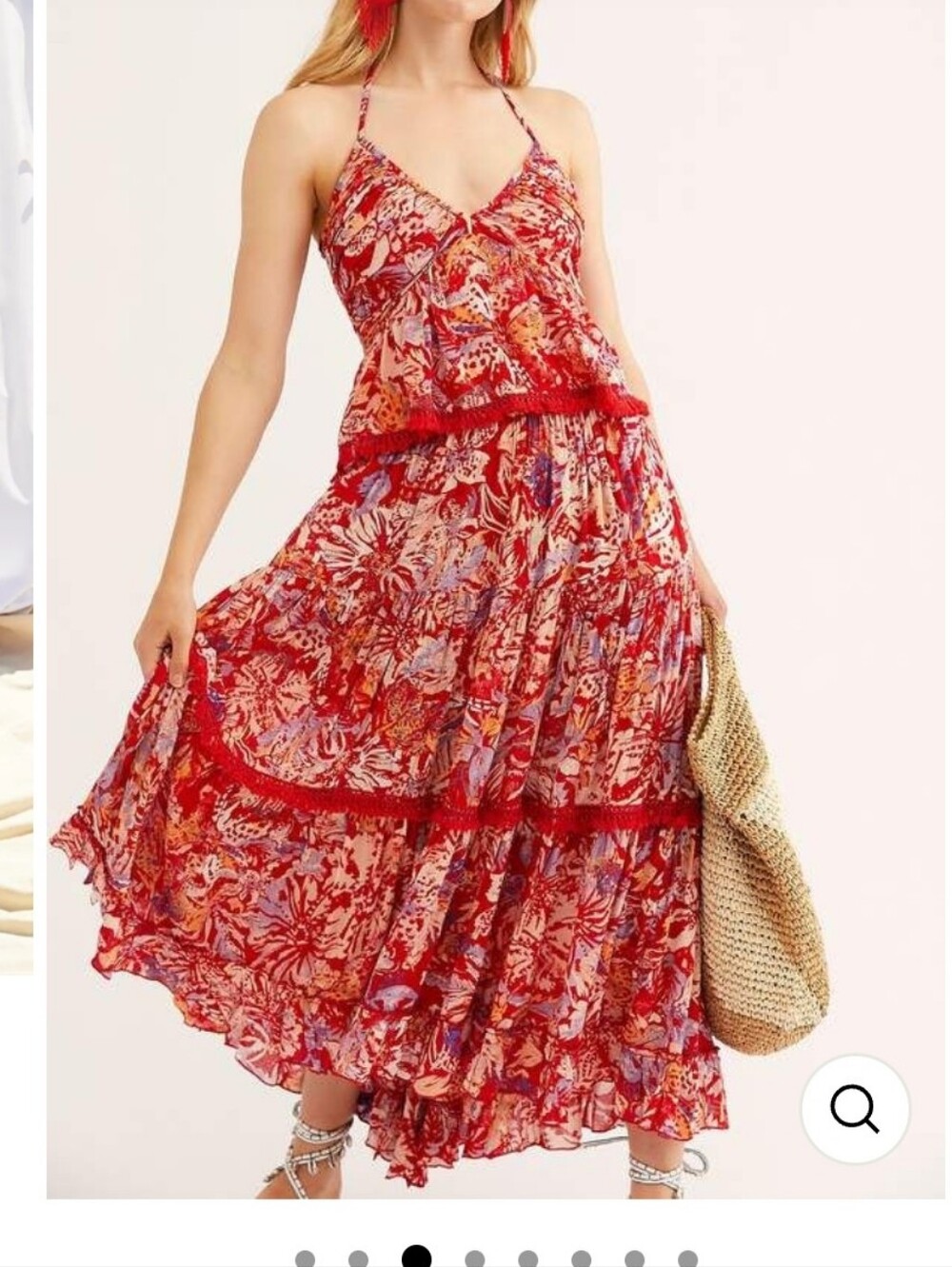 Free People Kahlo Printed Halter Red Floral Tiered Spaghetti-Strap Two Piece Set